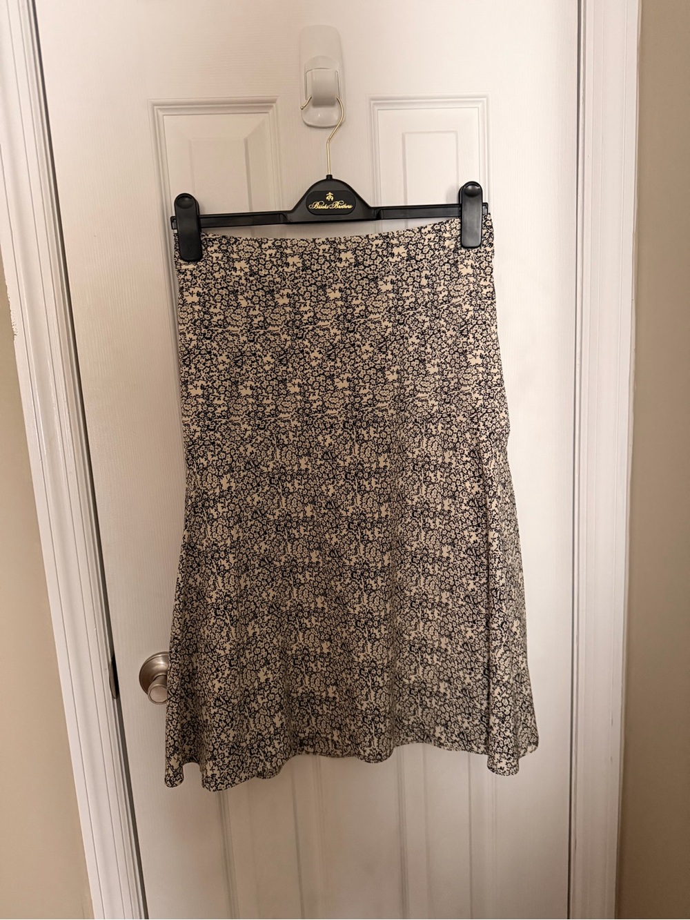 Floral A-Line Midi Skirt in Beige and Black